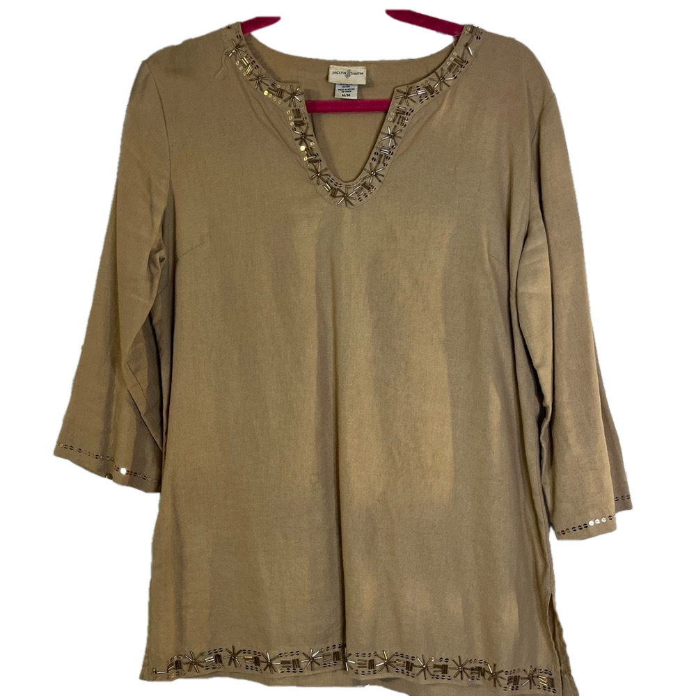 Jaquline Smith Linen and Rayon beige top  with decorative trim  M